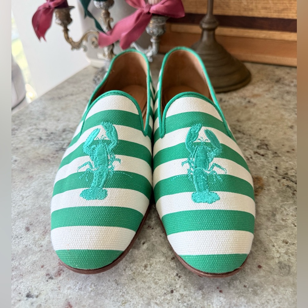 Coach Lobster Stripe Loafers Size 10B | Green White Preppy Coastal Flats - Picture 2 of 4